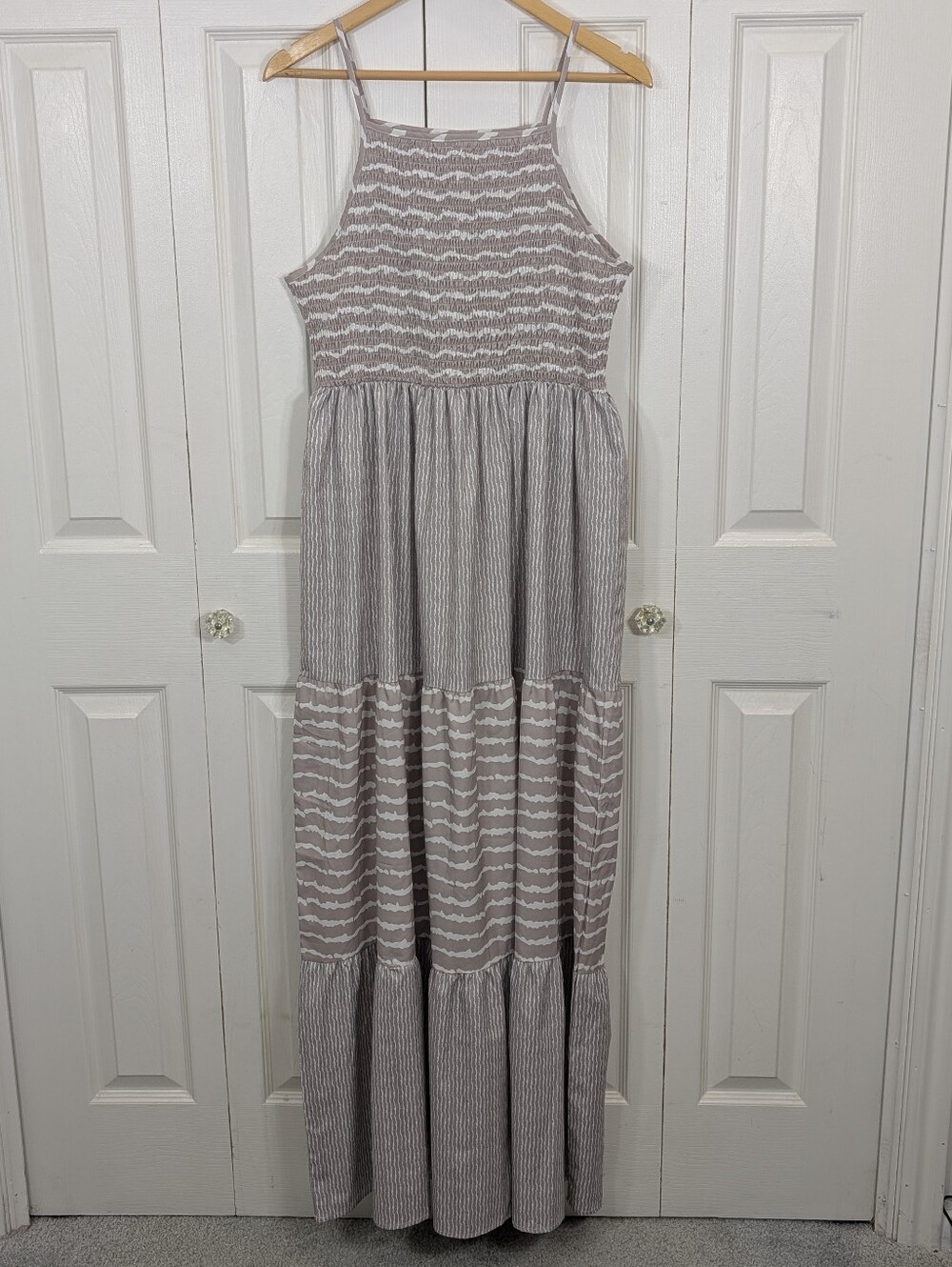 Women’s Striped Tiered Maxi Dress - Tan/White - Size XL